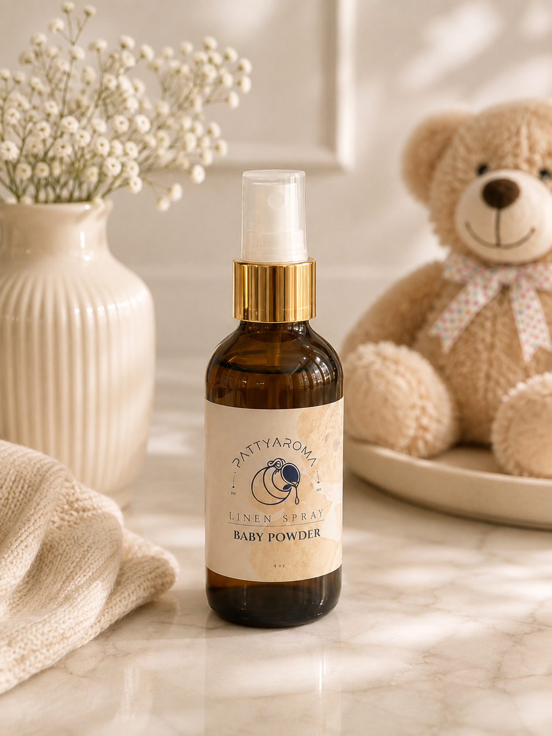 PattyAroma Baby Linen Spray in an amber bottle