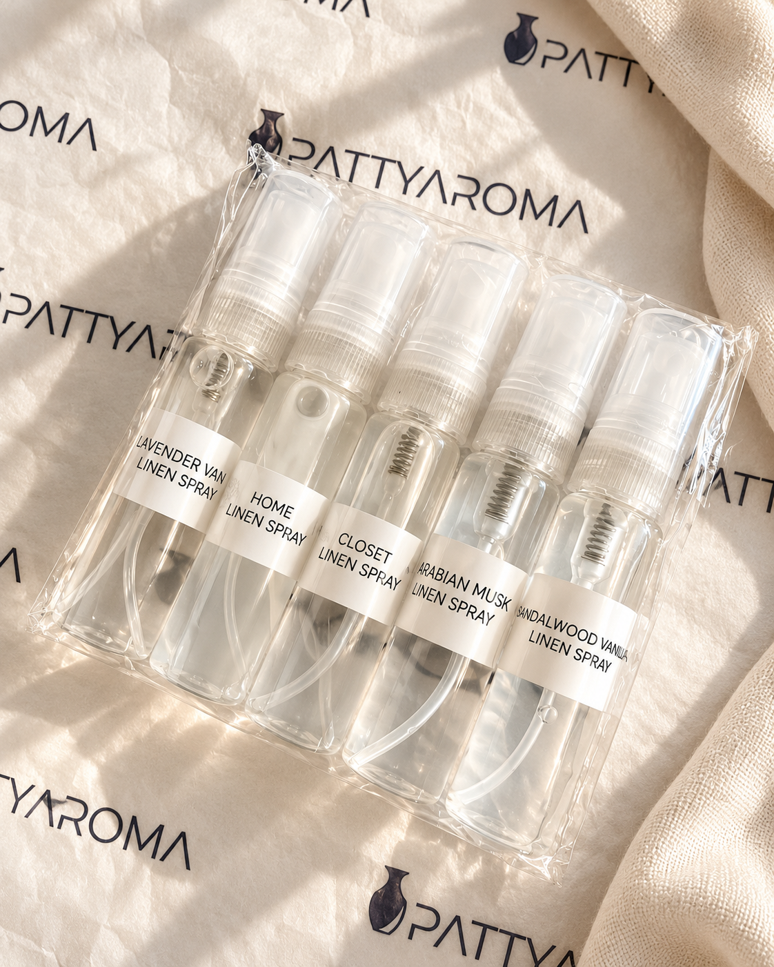 PattyAroma Discovery Kit with five 5 ml linen spray samples
