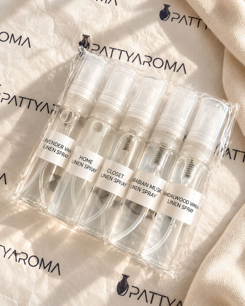 PattyAroma Discovery Kit with five 5 ml linen spray samples