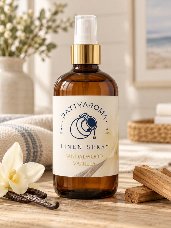 PattyAroma Sandalwood Vanilla Linen Spray in an amber bottle